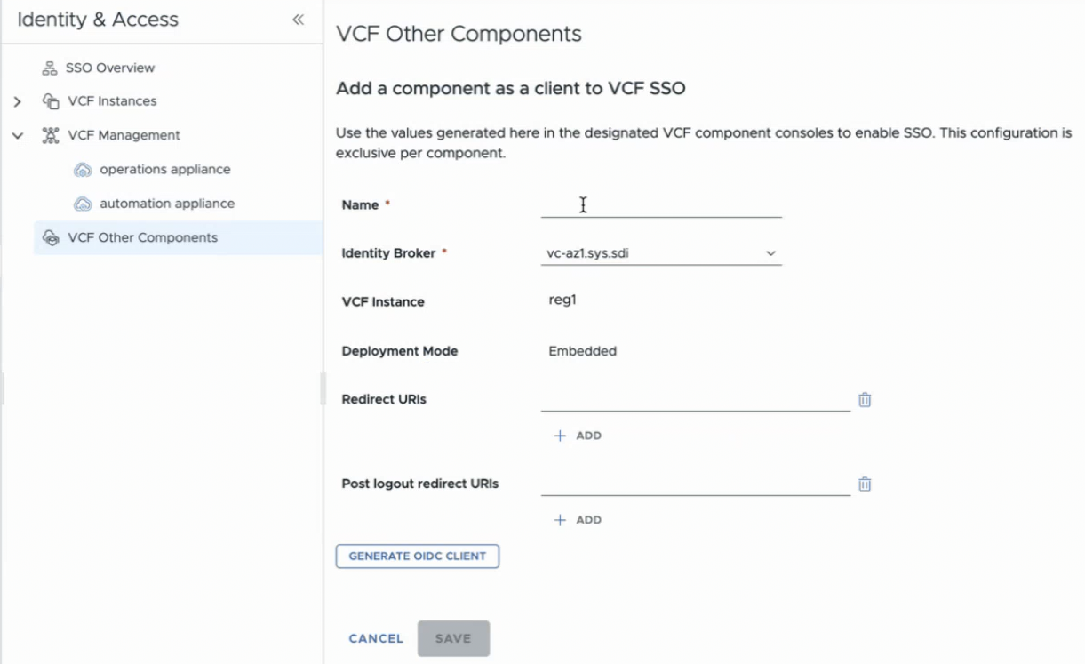 VCF Other Components 화면으로, 외부 구성요소를 VCF SSO 클라이언트로 추가하는 이름·IdP·VCF 인스턴스·Redirect URI 양식이 표시됨.