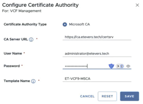 Configure Certificate Authority 대화상자로, Microsoft CA 유형과 서버 URL·사용자·템플릿 입력란이 표시됨.