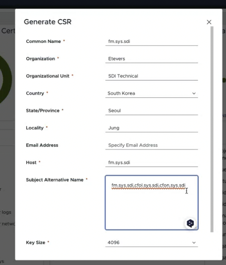 Generate CSR 양식으로, Common Name·Organization·Country·Subject Alternative Name·Key Size 입력란이 표시됨.