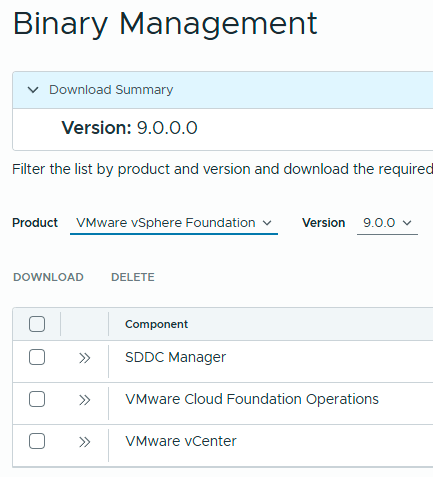 Binary Management 화면으로, 버전 9.0.0.0 다운로드 목록에 SDDC Manager·VCF Operations·vCenter 구성요소가 표시됨.