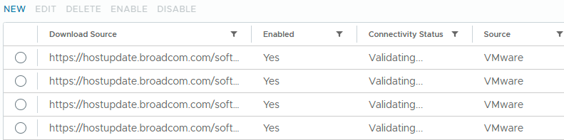 Broadcom 다운로드 소스 목록 스크린샷으로, 여러 URL의 Enabled 상태와 Connectivity Status가 Validating으로 표시됨.