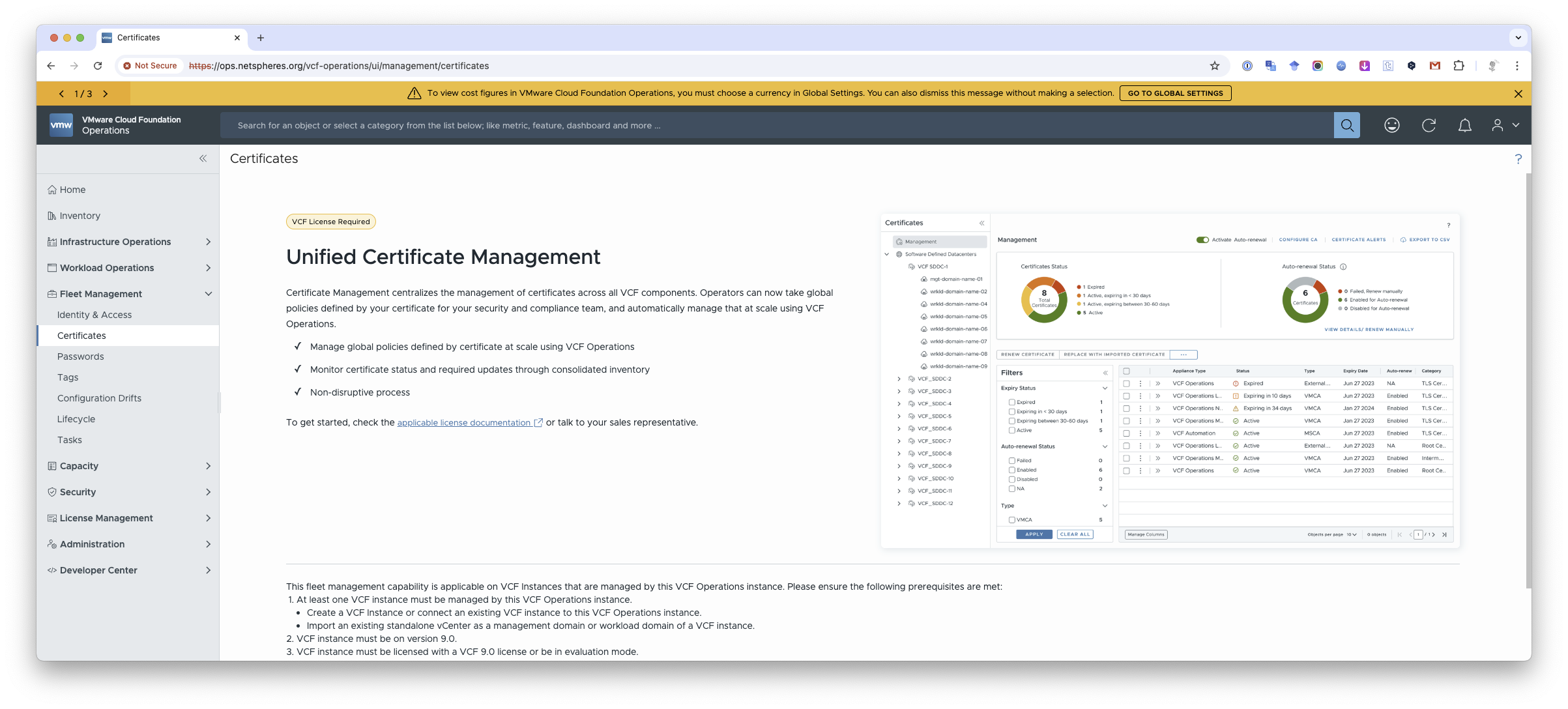 Unified Certificate Management 안내 페이지로, 인증서 상태 차트와 관리 화면 예시가 함께 표시됨.