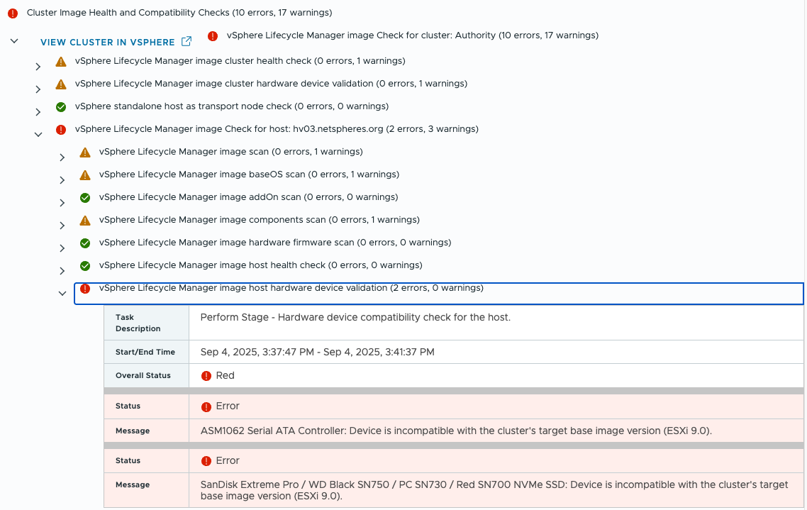 vSphere Lifecycle Manager 이미지 상태 트리로, 하드웨어 호환성 검사 항목 여러 개가 경고 또는 오류로 표시됨.