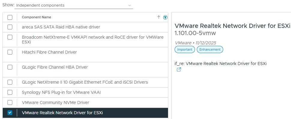vSphere Lifecycle Manager 구성요소 목록으로, VMware Realtek Network Driver for ESXi 1.101.00 항목이 선택됨.