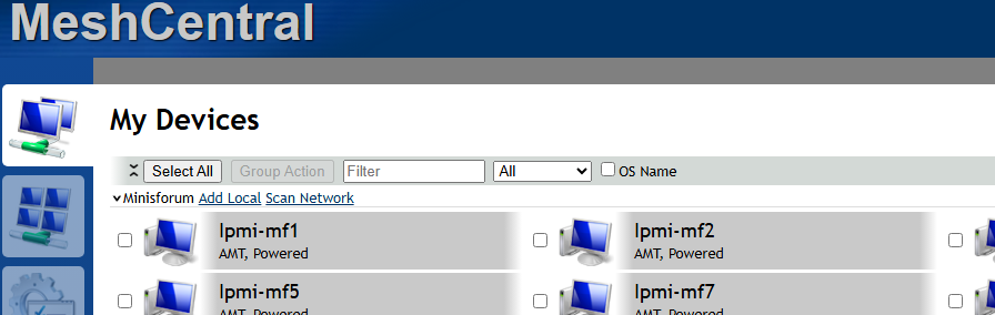 MeshCentral My Devices 화면으로, IPMI와 AMT 장치 여러 대가 목록에 표시됨.