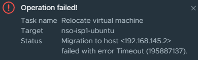 vSphere 오류 알림으로, 가상 머신을 특정 호스트로 Relocate하는 작업이 타임아웃으로 실패했다고 표시됨.