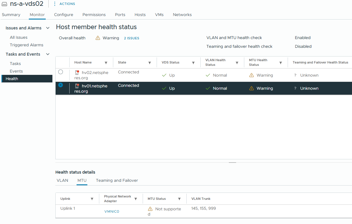 vSphere 호스트 요약 화면으로, 클러스터 멤버 상태 표와 vSAN·네트워크·티밍 점검 경고가 표시됨.
