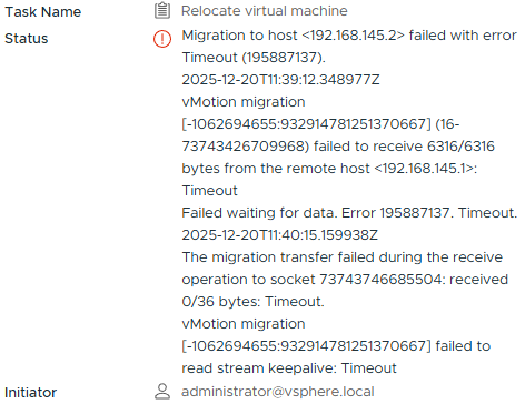 vSphere 작업 상세 스크린샷으로, vMotion 중 원격 호스트 소켓 읽기 타임아웃이 발생했다는 오류가 표시됨.