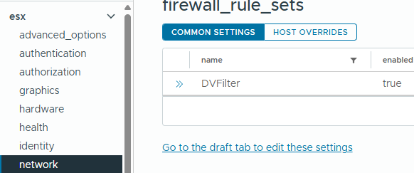 vSphere Configuration Profile의 network firewall_rule_sets 화면으로, DVFilter 공통 설정이 enabled로 표시됨.