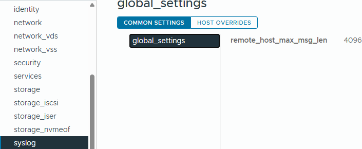 vSphere Configuration Profile의 syslog global_settings 화면으로, remote_host_max_msg_len 값 4096이 표시됨.