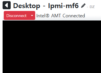 MeshCentral 원격 Desktop 화면으로, lpmi-mf6 장치가 Intel AMT Connected 상태이지만 화면 영역은 검게 표시됨.