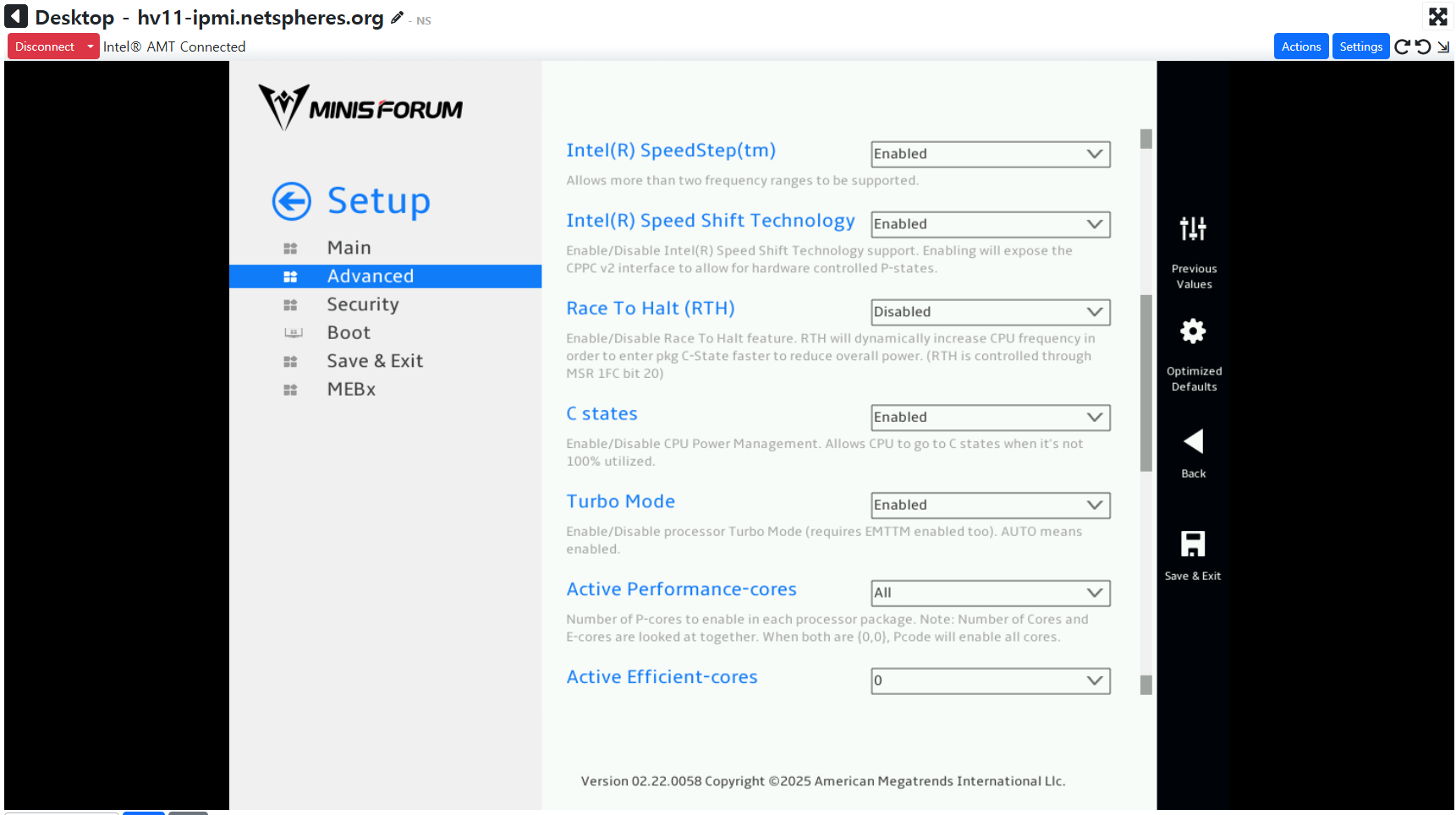 MeshCentral 원격 화면에 Minisforum UEFI Setup의 Main 메뉴와 Intel SpeedStep·Turbo Mode 설정이 표시됨.