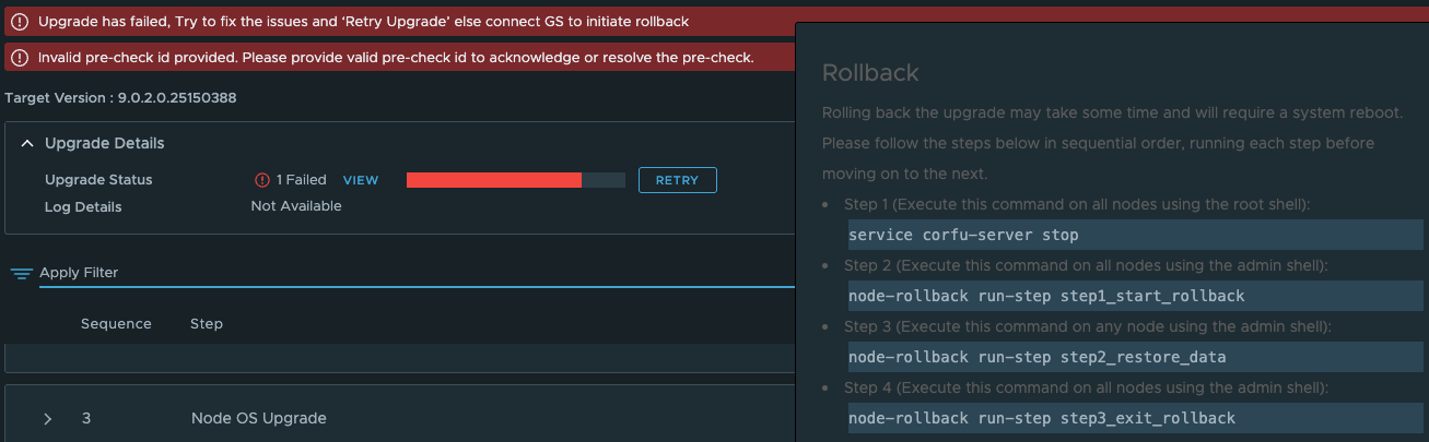 업그레이드 화면 스크린샷으로, 빨간 오류 배너와 실패한 단계, 오른쪽 Rollback 절차 안내가 표시됨.