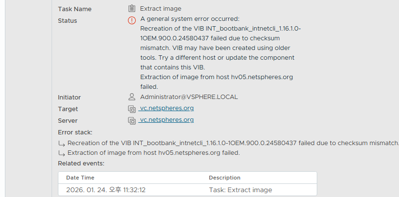vSphere Extract image 작업 상세로, 체크섬 불일치 때문에 원격 호스트에서 이미지 추출이 실패했다는 오류가 표시됨.