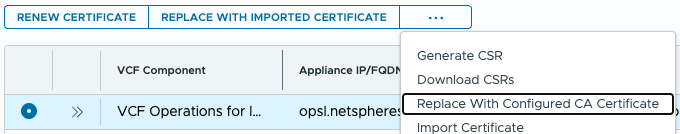 VCF 인증서 관리 화면으로, 메뉴에서 Replace With Configured CA Certificate 항목이 선택됨.