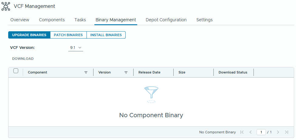VCF Management Binary Management 화면으로, VCF 버전 9.1을 선택했지만 No Component Binary가 표시됨.
