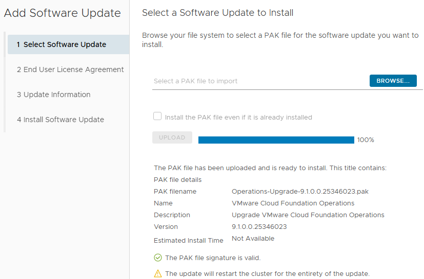 Add Software Update 마법사로, VCF Operations 업그레이드 PAK 파일 업로드 100%와 서명 유효 상태가 표시됨.