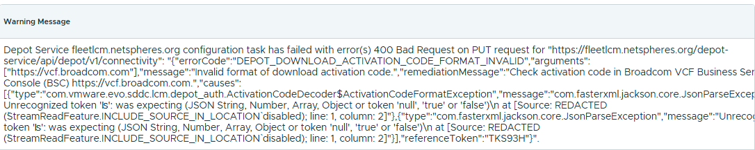 Depot Service 경고 메시지로, 잘못된 download activation code 형식과 JSON 토큰 파싱 오류 때문에 400 Bad Request가 발생했다고 표시됨.