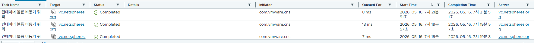 vSphere 작업 표로, com.vmware.cns가 실행한 컨테이너 볼륨 비동기 쿼리 작업들이 Completed 상태임.