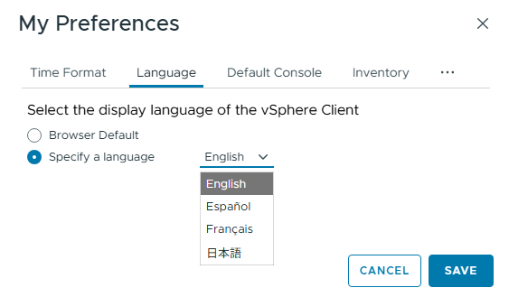 vSphere My Preferences의 Language 탭으로, English·Español·Français·日本語 선택 목록이 열려 있음.