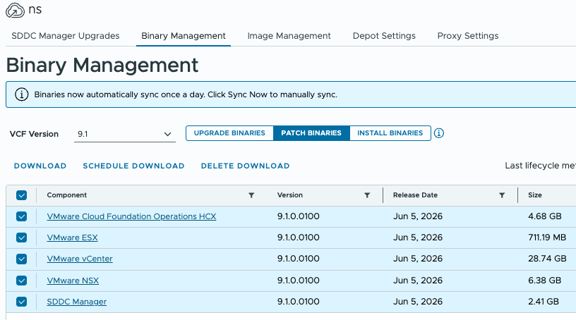 SDDC Manager Binary Management 화면으로, VCF 9.1 구성요소와 버전·릴리스 날짜·파일 크기 목록이 선택됨.