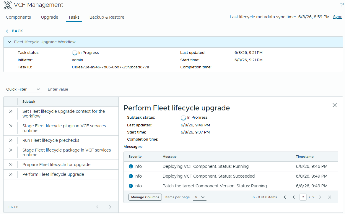 VCF Management 작업 상세로, Perform Fleet lifecycle upgrade가 진행 중이며 구성요소 배포 하위 단계가 표시됨.