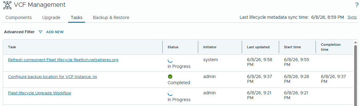 VCF Management Tasks 목록으로, Fleet lifecycle·backup·depot 관련 작업의 In Progress와 Completed 상태가 표시됨.