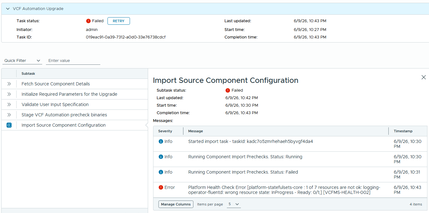 VCF Automation 업그레이드 작업 화면으로, Import Source Component Configuration이 Failed이고 하위 검증 단계와 오류 메시지가 표시됨.