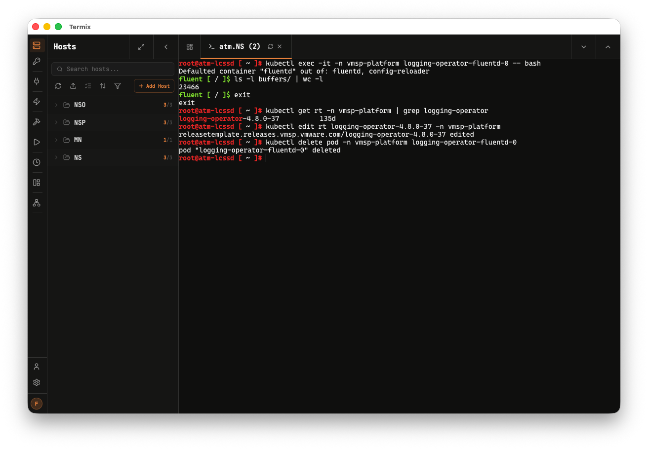 터미널과 파일 탐색기가 함께 보이는 스크린샷으로, Kubernetes logging-operator 관련 pod와 명령 출력이 표시됨.