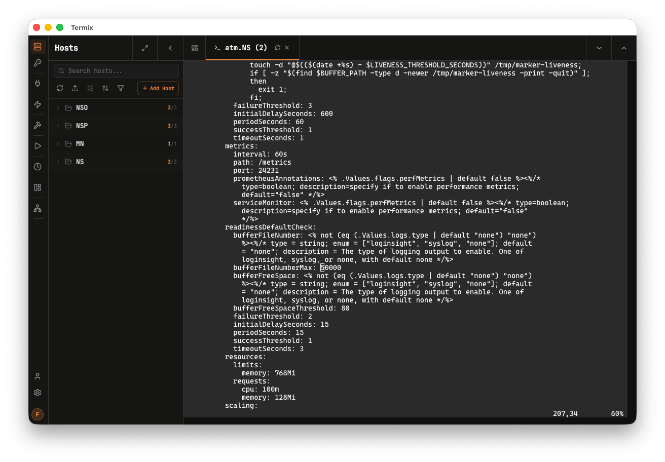 터미널·편집기 스크린샷으로, Kubernetes 리소스의 YAML 형식 설정과 상태 세부 정보가 길게 표시됨.