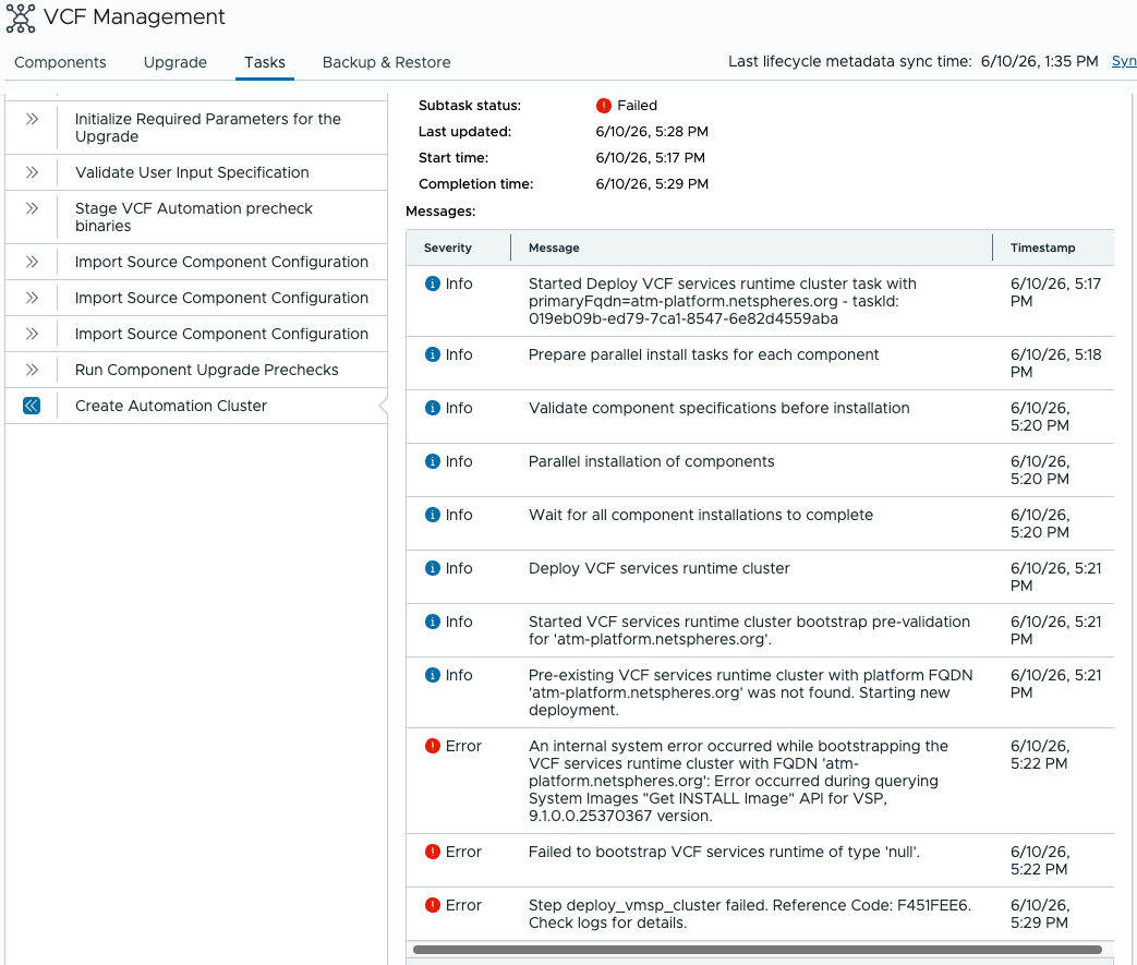 VCF Automation 업그레이드 작업 상세로, Import Source Component Configuration과 서비스 부트스트랩 단계에 여러 Error가 표시됨.