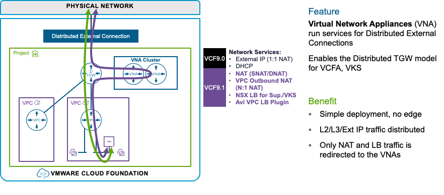 Virtual Network Appliances 다이어그램으로, 물리 네트워크·Distributed External Connection·VCF 내부 VPC와 VNA 배치 관계 및 기능·장점이 표시됨.