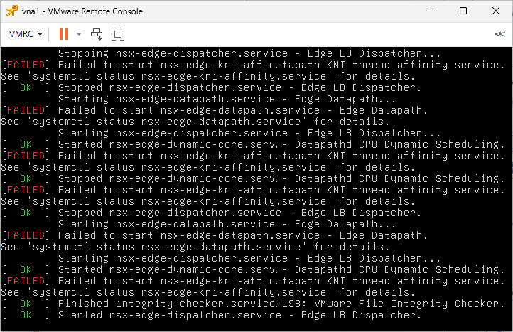 VMware Remote Console 터미널로, NSX Edge dispatcher·datapath·affinity 서비스 시작 실패 로그가 반복 출력됨.